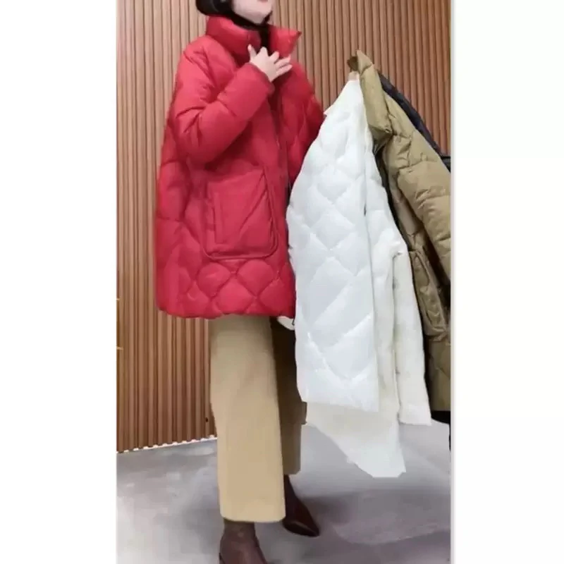 冬季新款菱形格休闲宽松A字中长款棉服外套