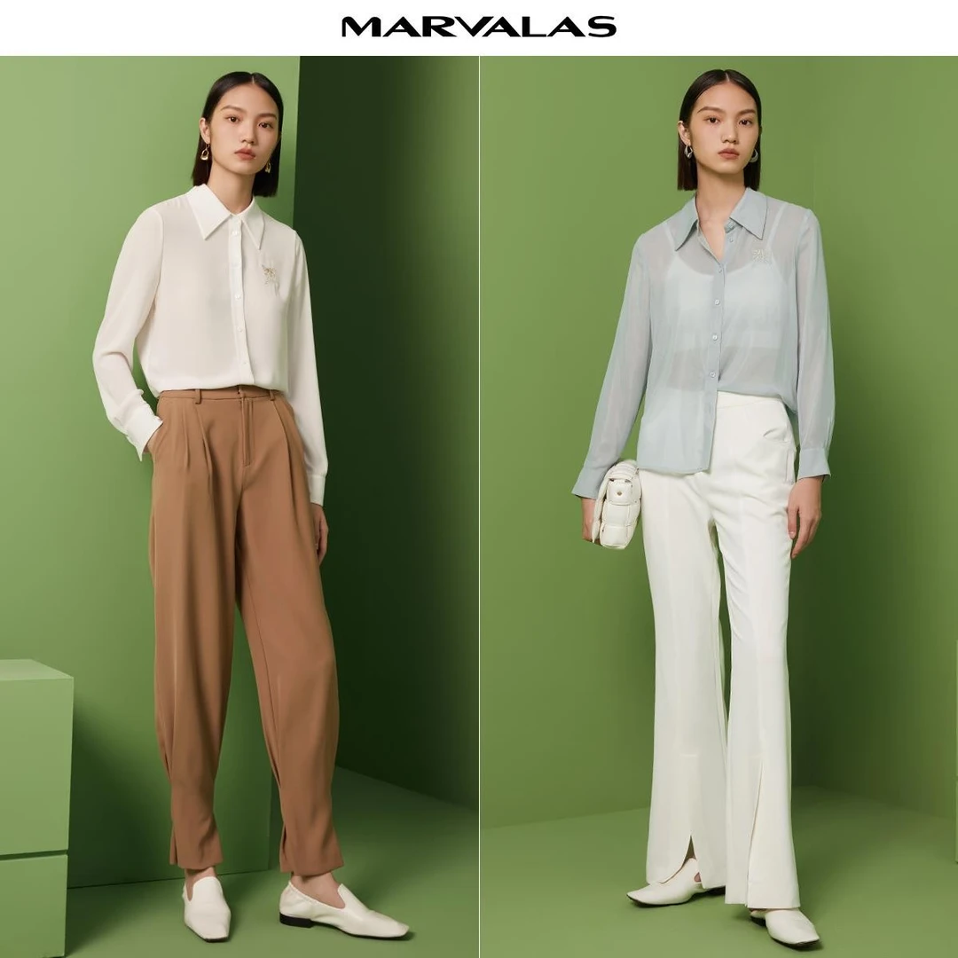 【小熊专属】M331292曼德诗光泽感雪纺衫薄款翻领双色衬衣