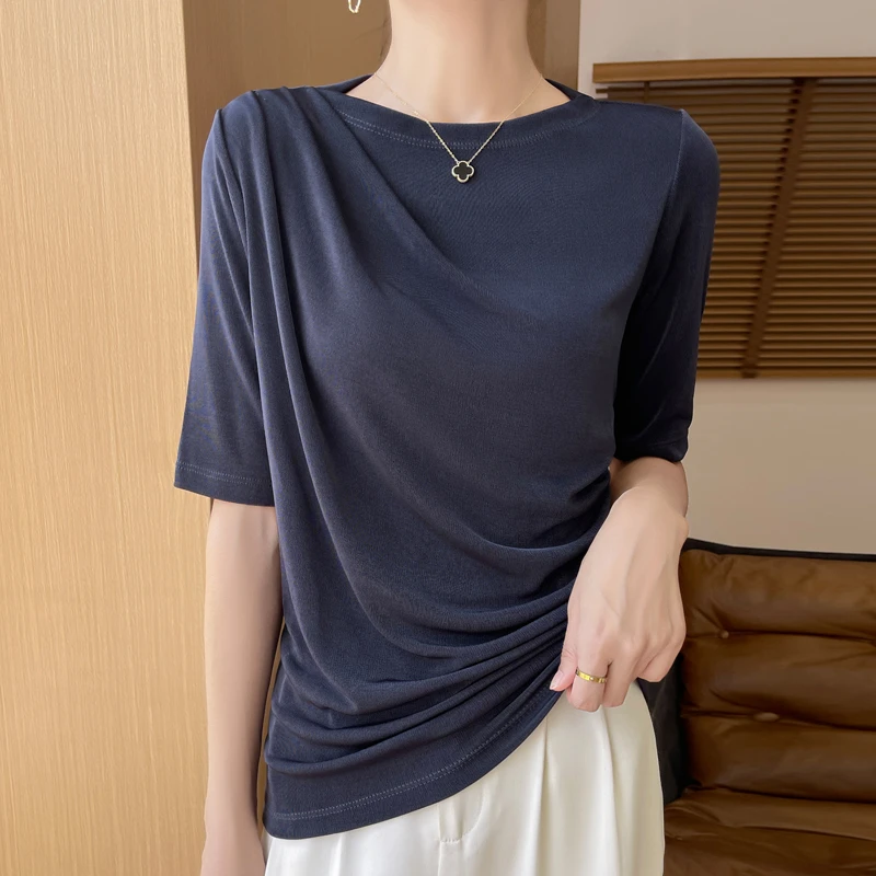 哥弟阿玛施正品春夏新款短袖女T恤光泽感一字领正肩褶皱半袖上衣