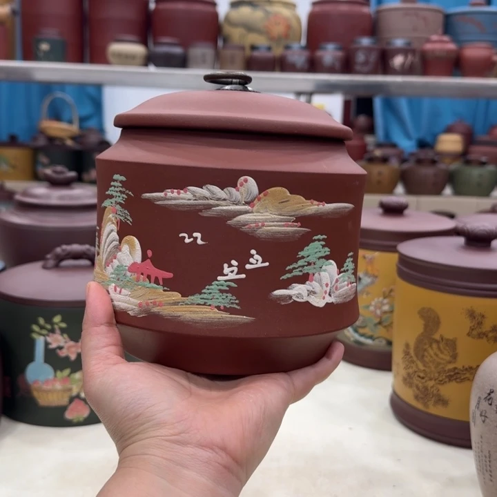 紫砂茶叶罐红凹山水