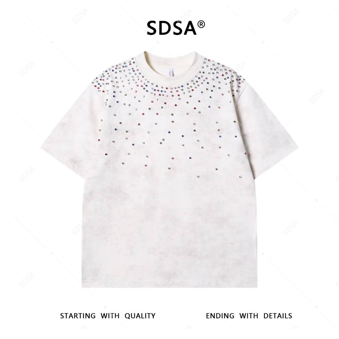 夏季高级感新款男士美式满天星彩色镶钻短袖T恤痞帅重工圆领上衣