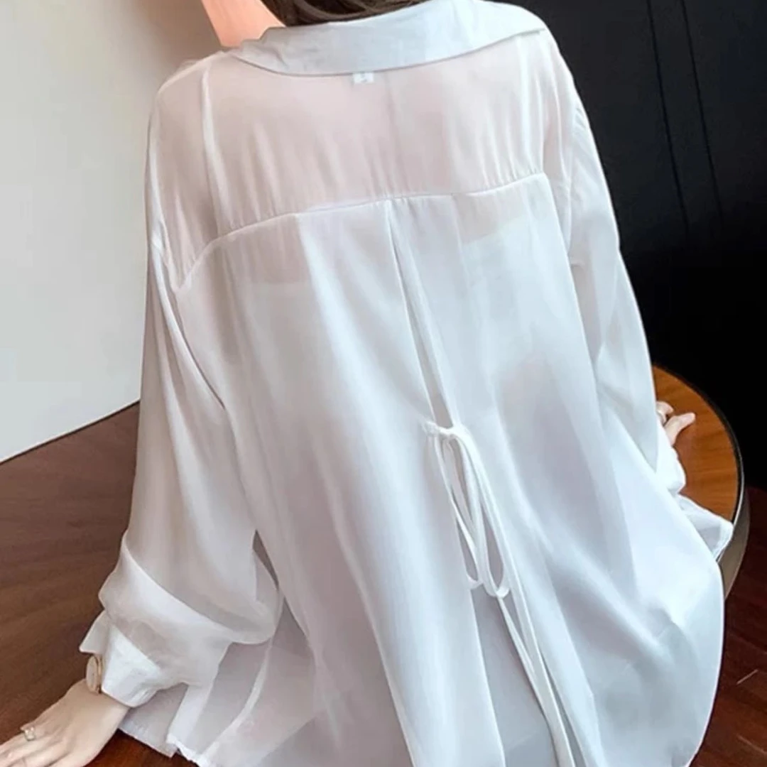 十三行新款后背假开叉珠光纱防晒衬衫2025夏季薄款百搭上衣＃6661