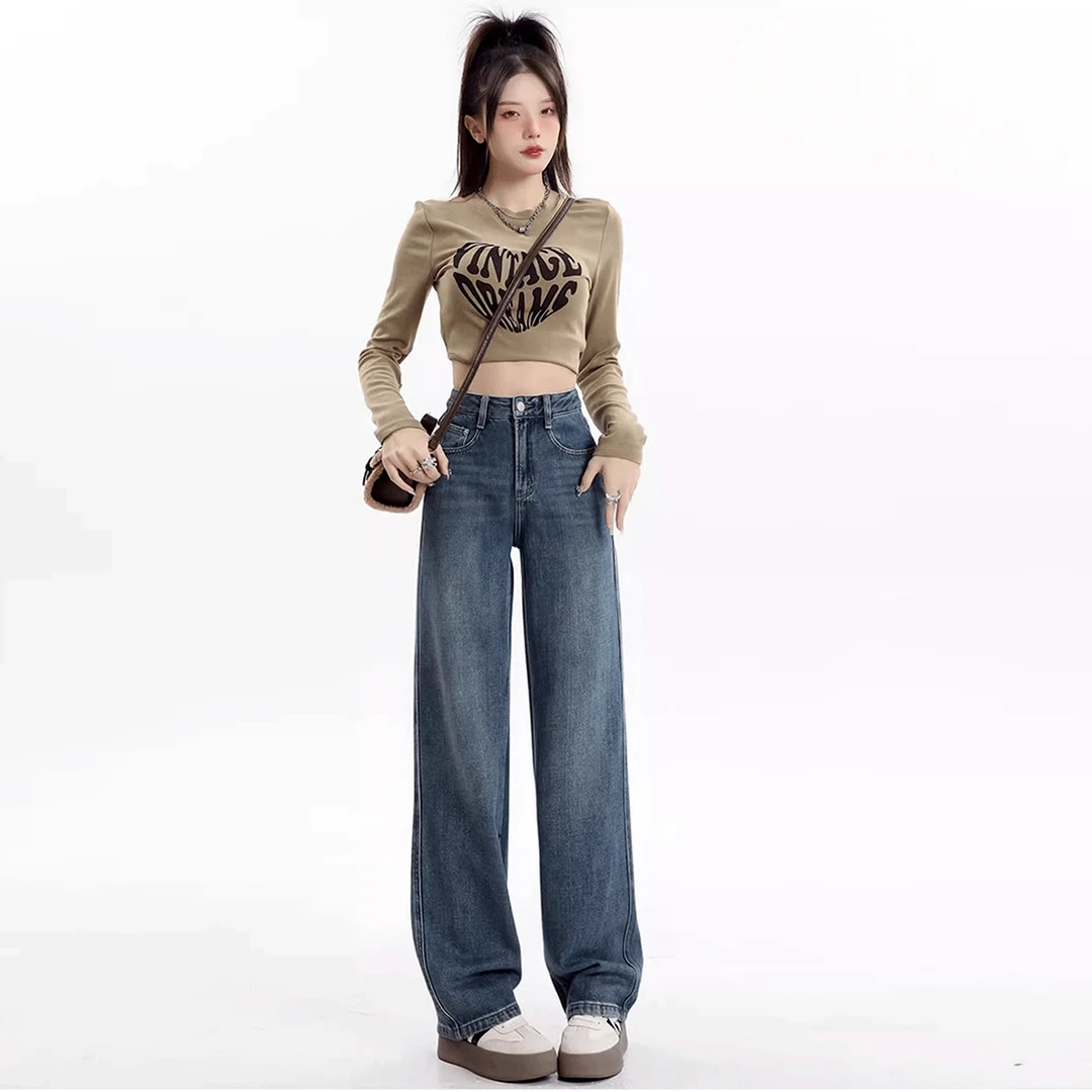 窄版阔腿牛仔裤女2025春季新款显高显瘦百搭直筒垂感牛仔裤