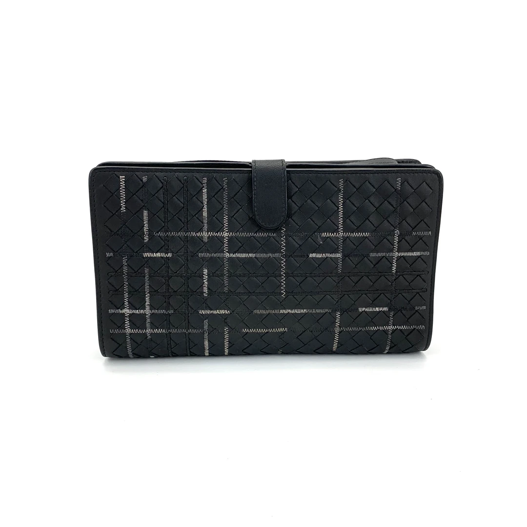 99新 BOTTEGA VENETA/葆蝶家 经典黑白编织手拿包 尺寸23/13