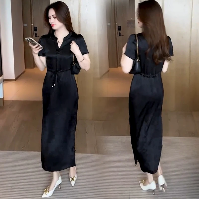 新中式盘扣连衣裙女夏季新款洋气显瘦收腰遮肚子过膝时尚长款裙子