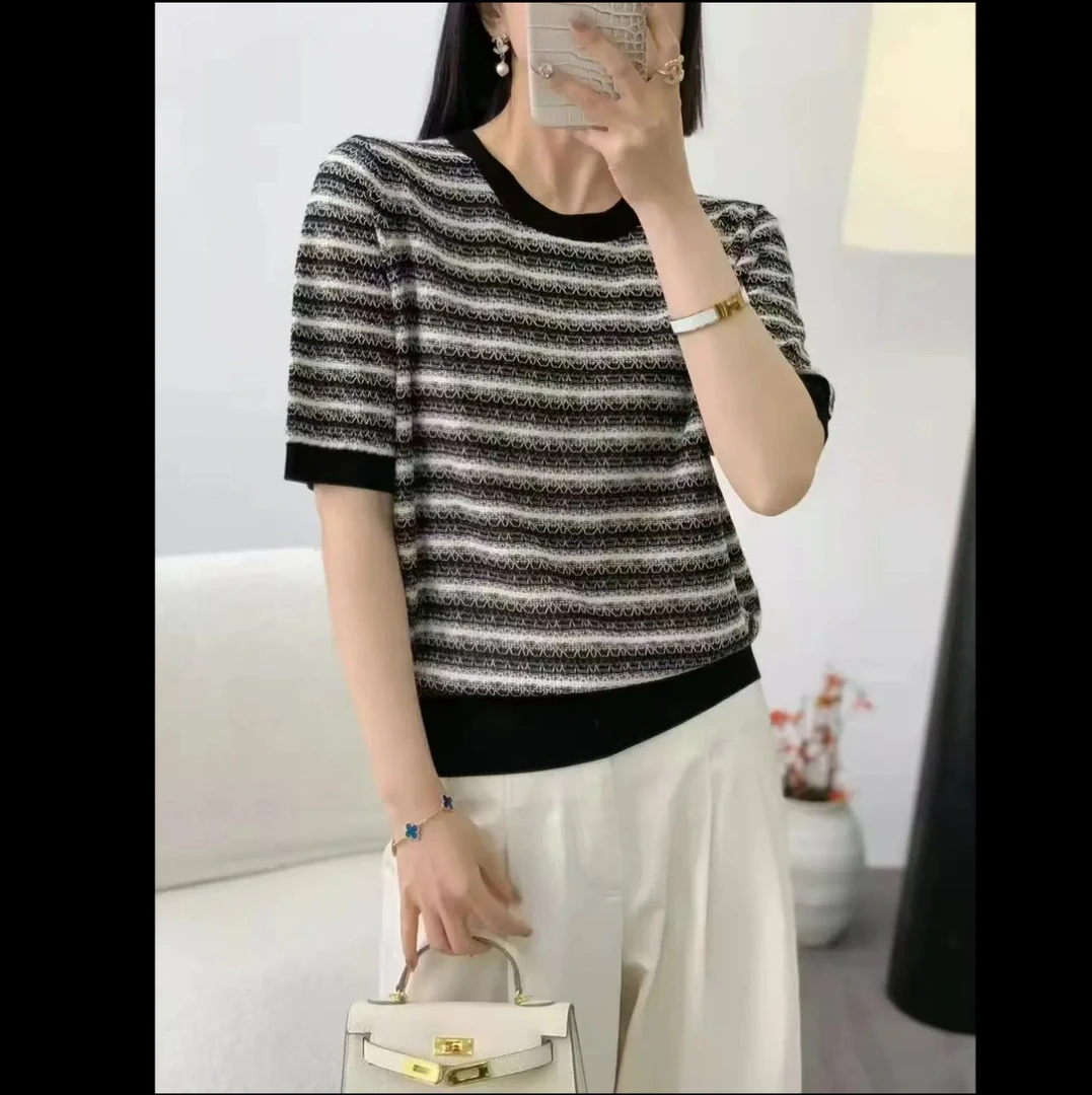 【莱赛尔100】2025夏季新款黑白撞色条纹短袖肌理感针织女款T恤