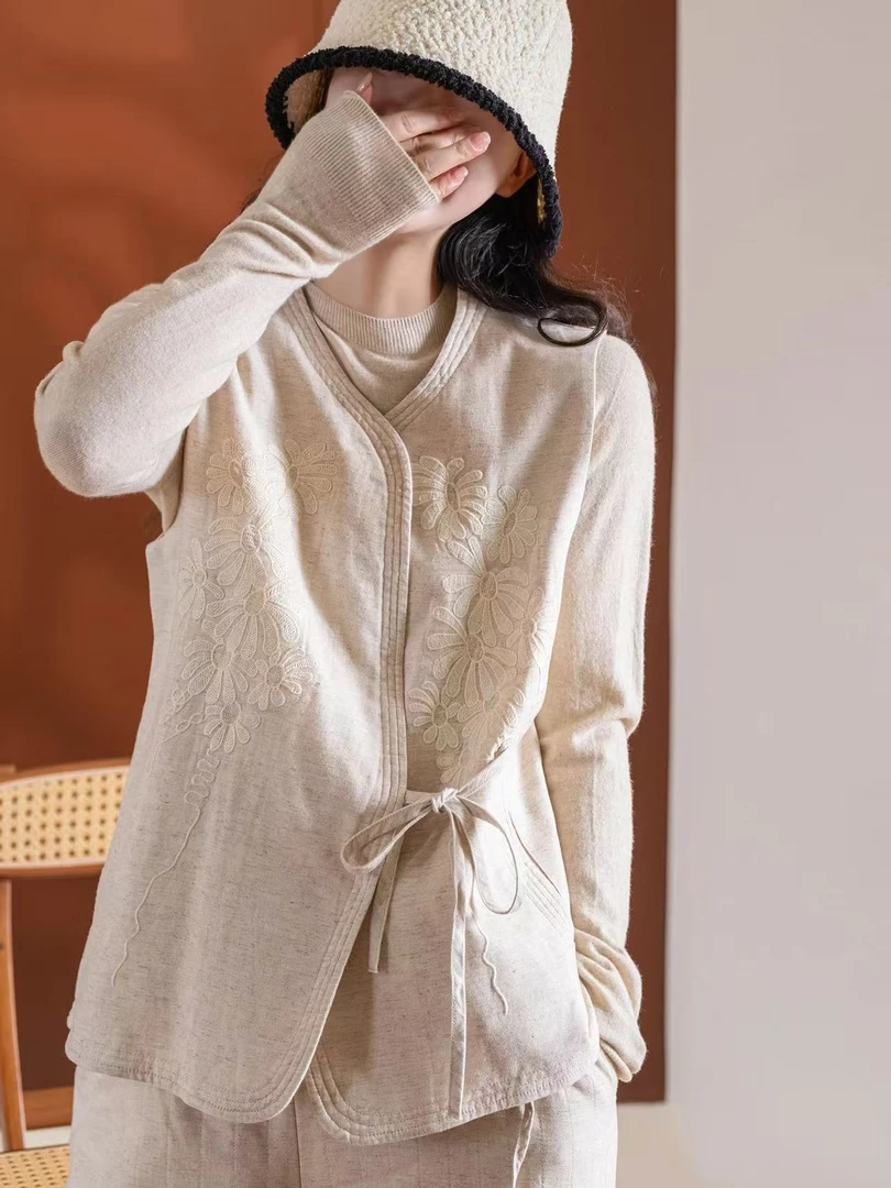 日单好貨！重磅雨露麻夹棉/疏密针刺绣 V领宽松百搭气质马甲
