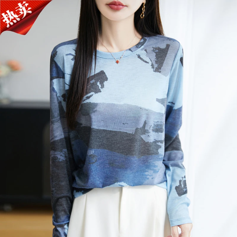 2025新款薄款长袖t恤女水墨晕染显瘦百搭休闲上衣小衫春夏