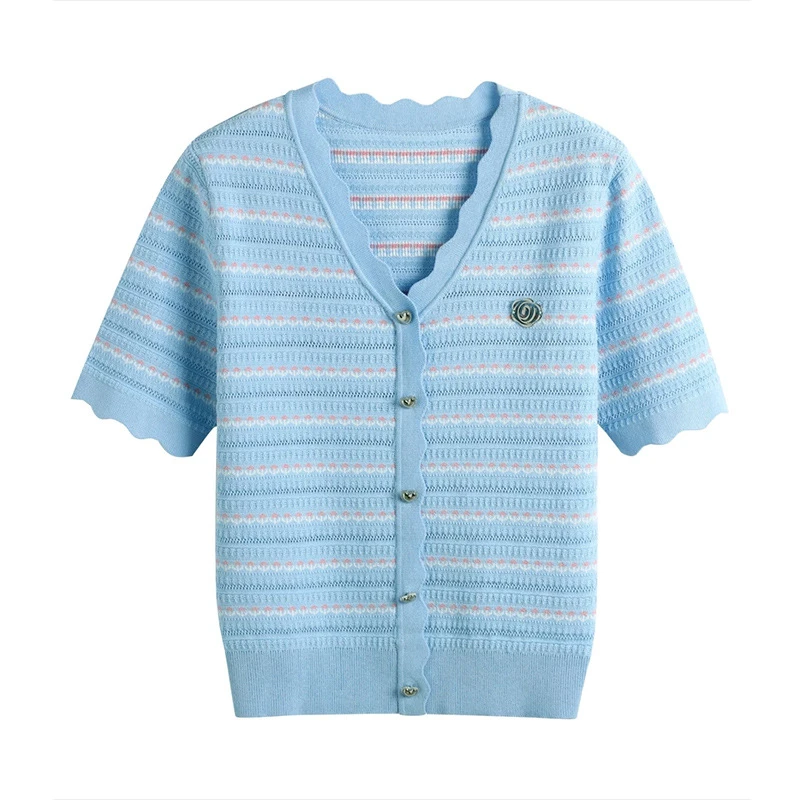 时髦减龄条纹设计感短袖针织衫女早春新款单排扣冰丝百搭上衣1072