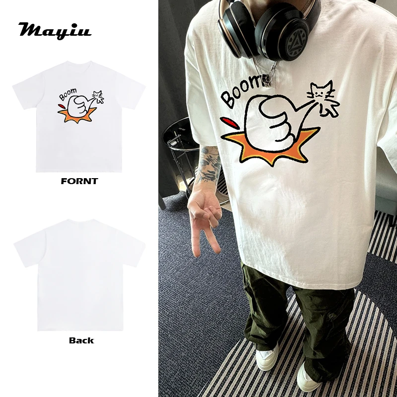 美式街头个性设计感大拳头猫猫印花休闲宽松日常圆领质感短袖T恤