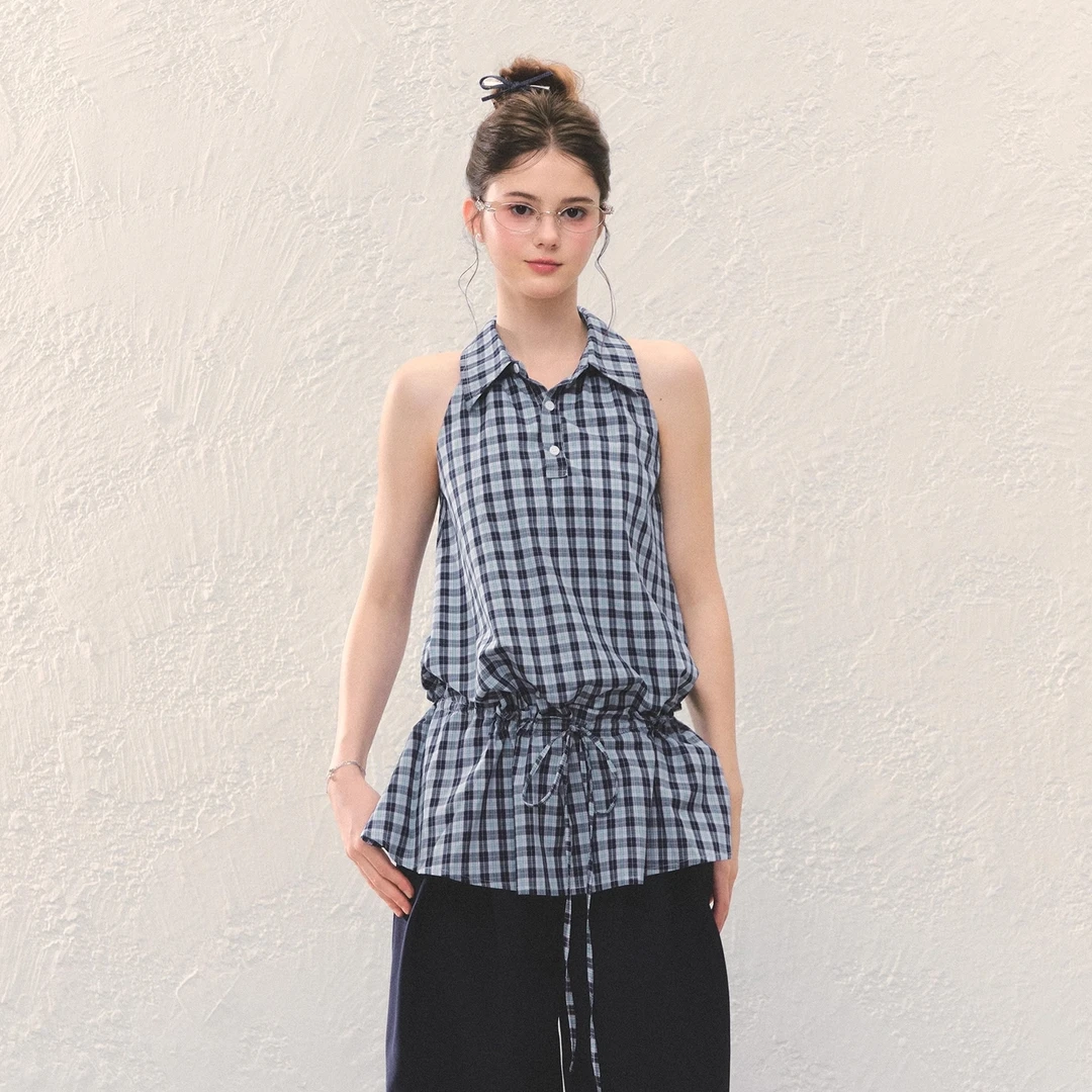 2025夏季新款女无袖翻领挂脖衬衫抽绳收腰宽松显瘦气质百搭上衣