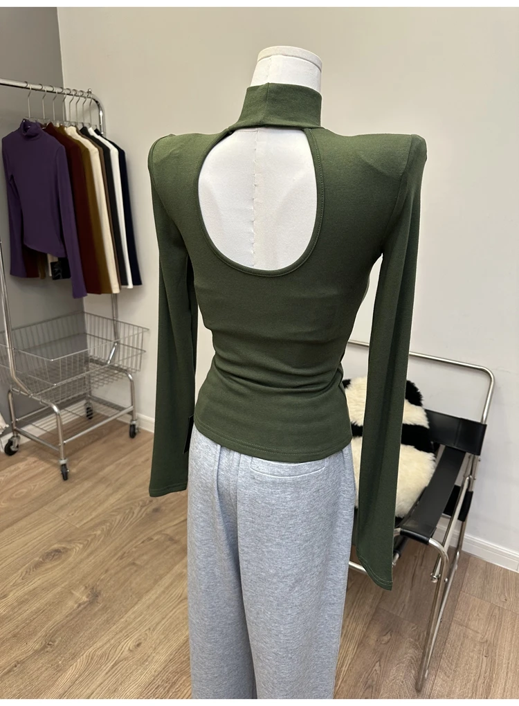 韩版秋季新款2025辣妹高领后背镂空露背性感长袖T恤上衣打底衫女