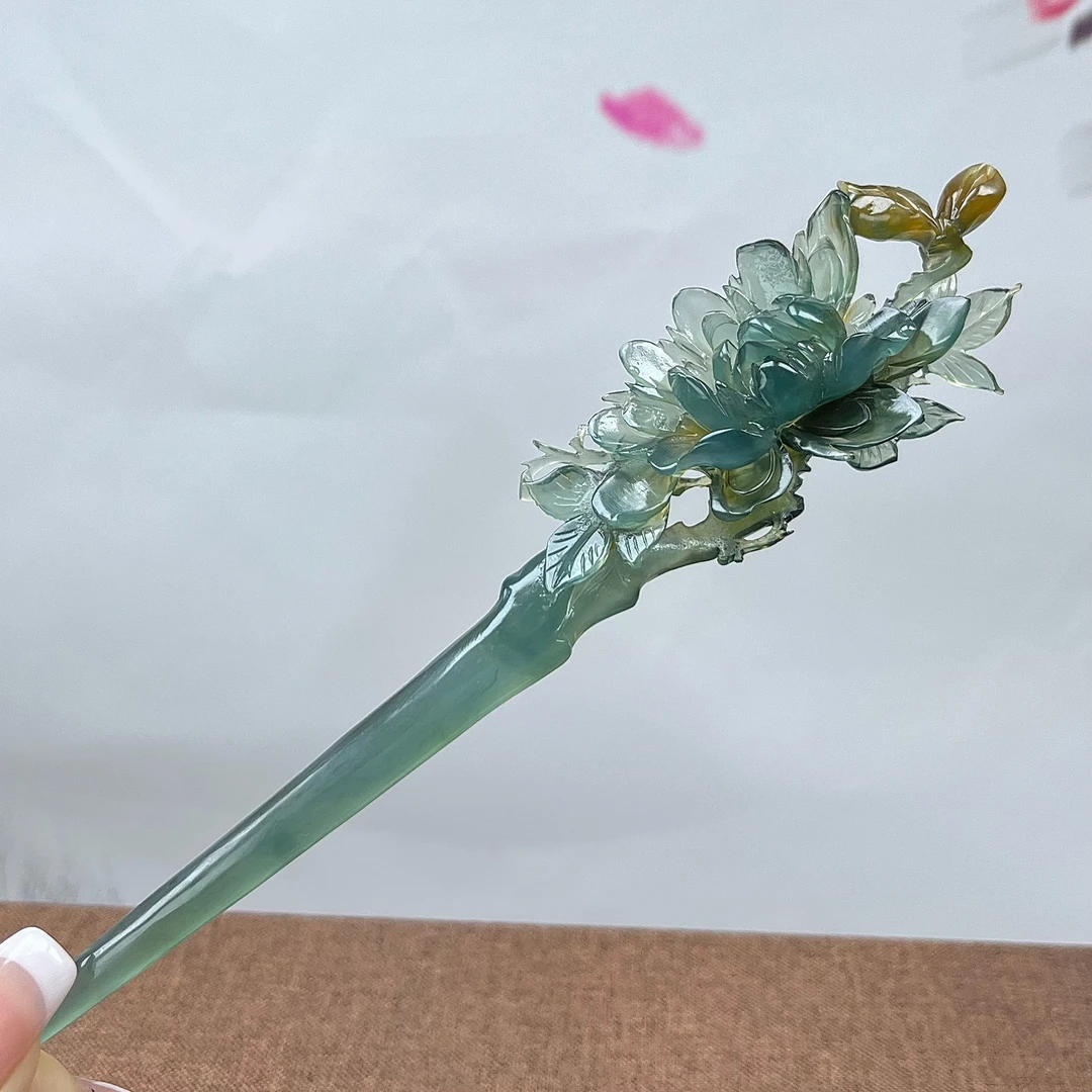 岫玉高品质蓝水牡丹发簪   整体长度20cm  簪体入发长度11cm