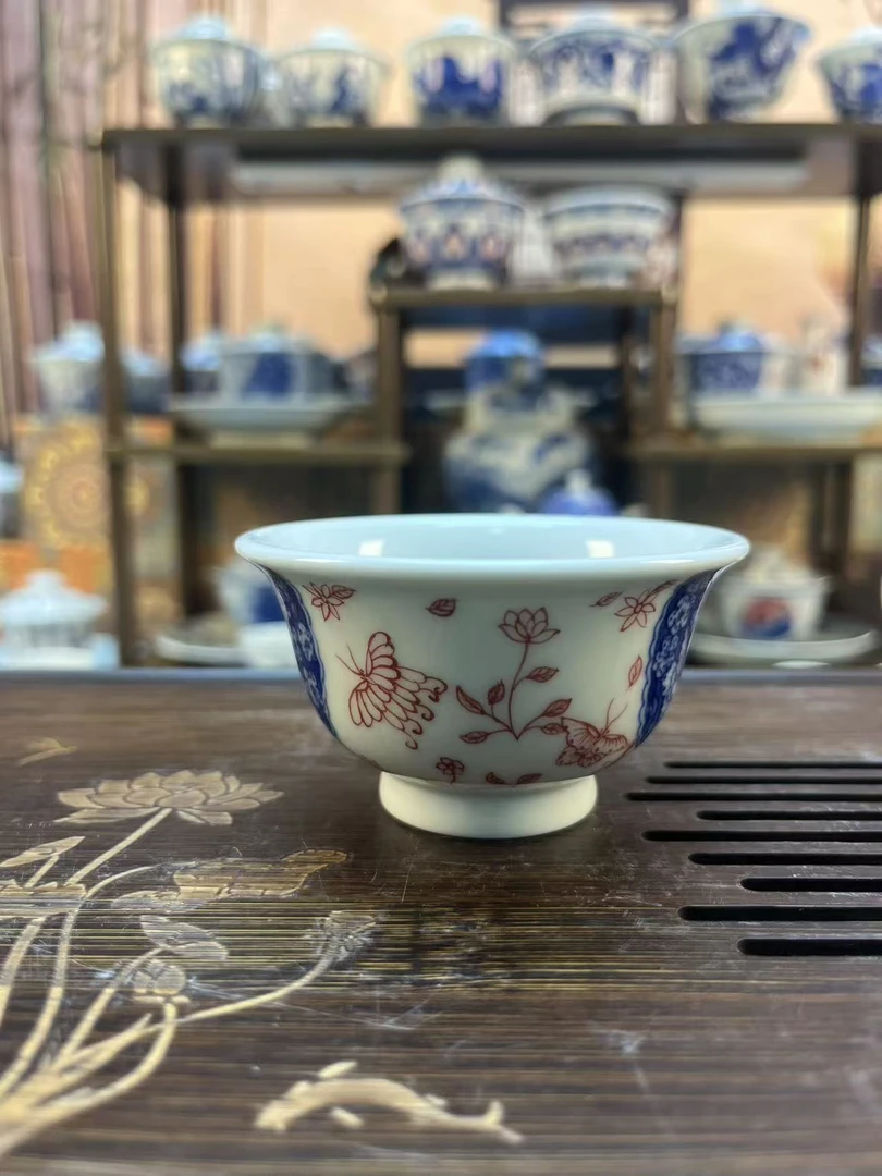 景德镇陶瓷手工手绘蝶舞花香压手杯主人杯