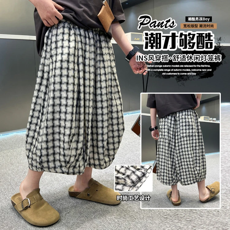 男童格子灯笼裤夏薄款中大童时髦痞帅潮酷宽松儿童休闲七分裤洋气