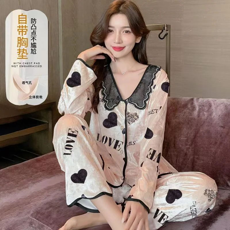 金钻绒睡衣女秋冬季长袖蕾丝爱心自带胸垫冬天舒适家居服套装
