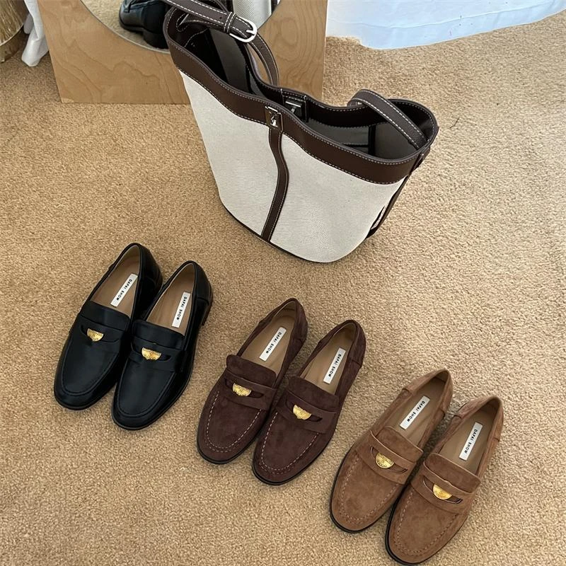 2025秋季新款英伦风小金币方头单鞋懒人一脚蹬皮鞋复古绒面乐福鞋