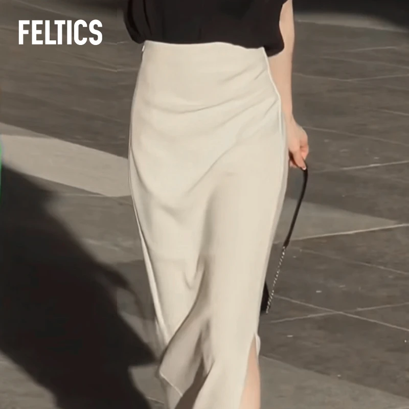 FELTICS褶皱双色半裙显瘦高腰修身不规则开叉包臀裙F52FBQ017