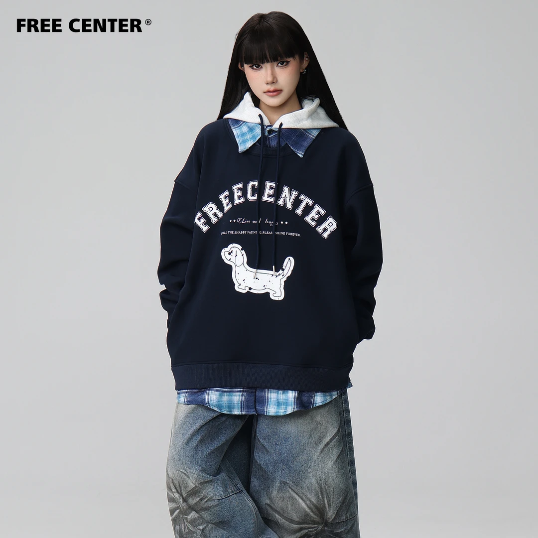 Free Center假三件连腊肠狗帽卫衣男女美式复古字母宽松慵懒帽衫