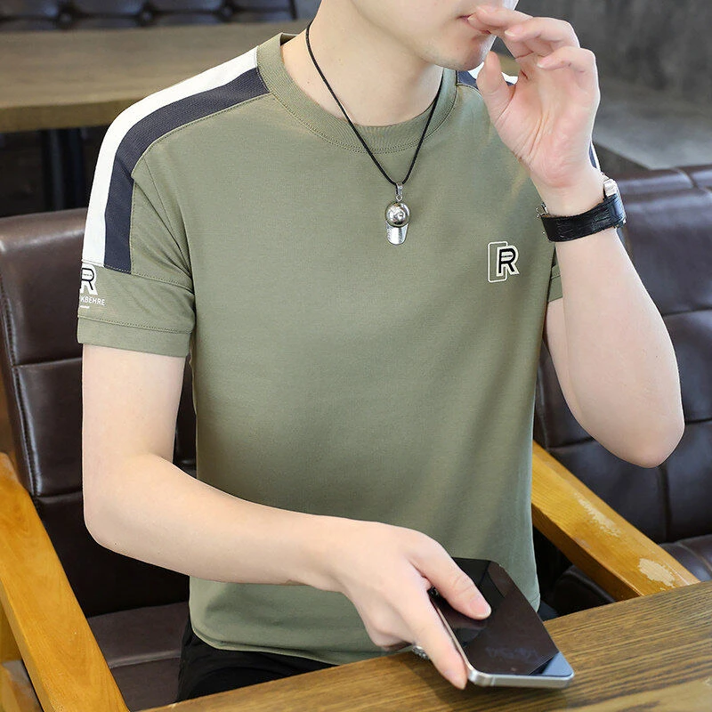 短袖t恤男士夏季2025新款潮流百搭印花拼接半袖体恤圆领薄款上衣