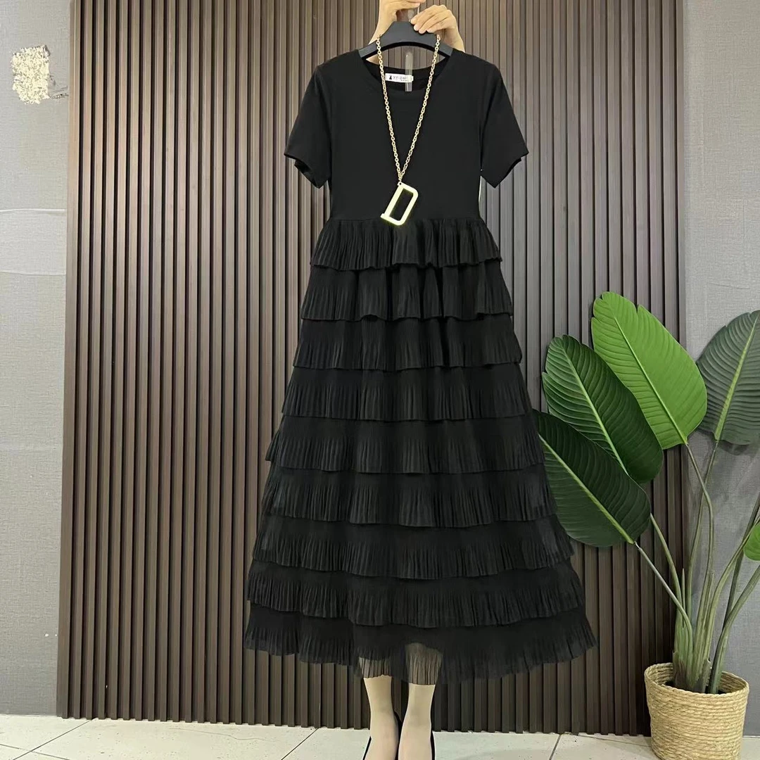 2025夏季大码女装长款蛋糕裙短袖宽松显瘦遮肉胖妹妹圆领小个子