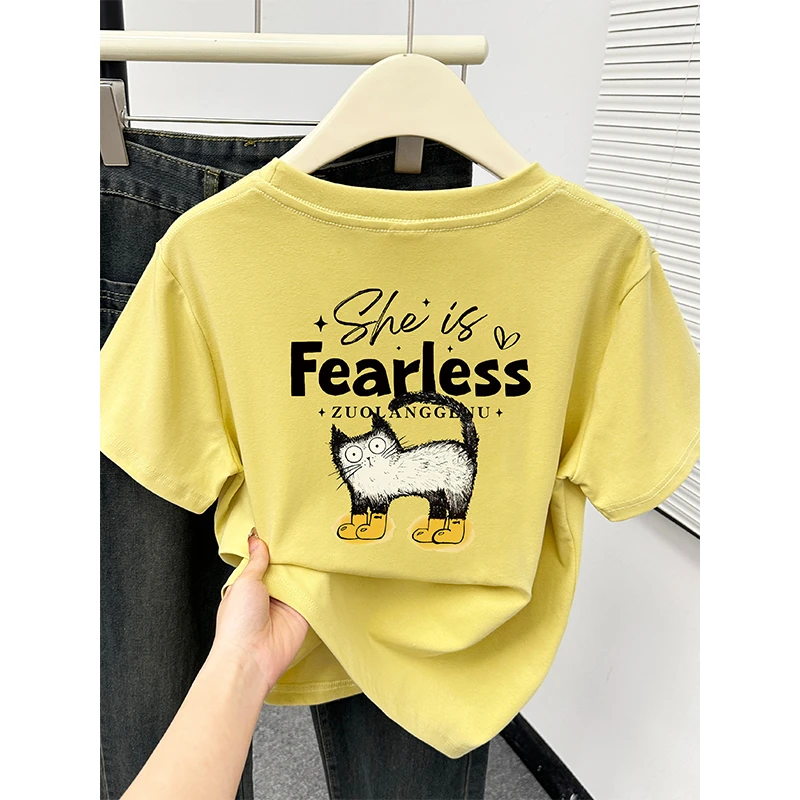 猫咪字母印花正肩短袖t恤2025夏季新款美式休闲大码圆领上衣女装