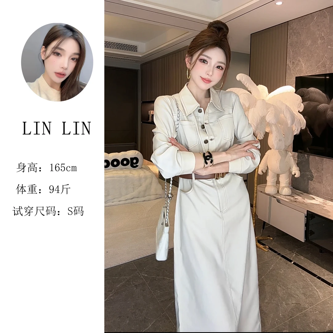 2025新款法式复古长袖连衣裙女慵懒风气质工装长裙子2808