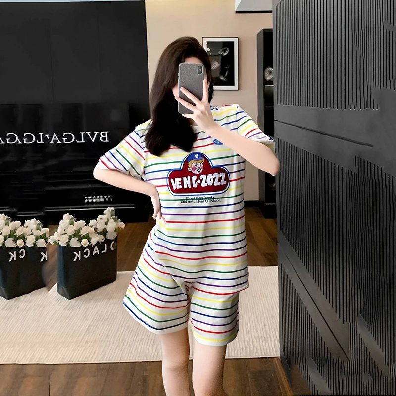【粉丝专属】2件套条纹夏季女短袖短裤宽松圆领休闲印花套装女254