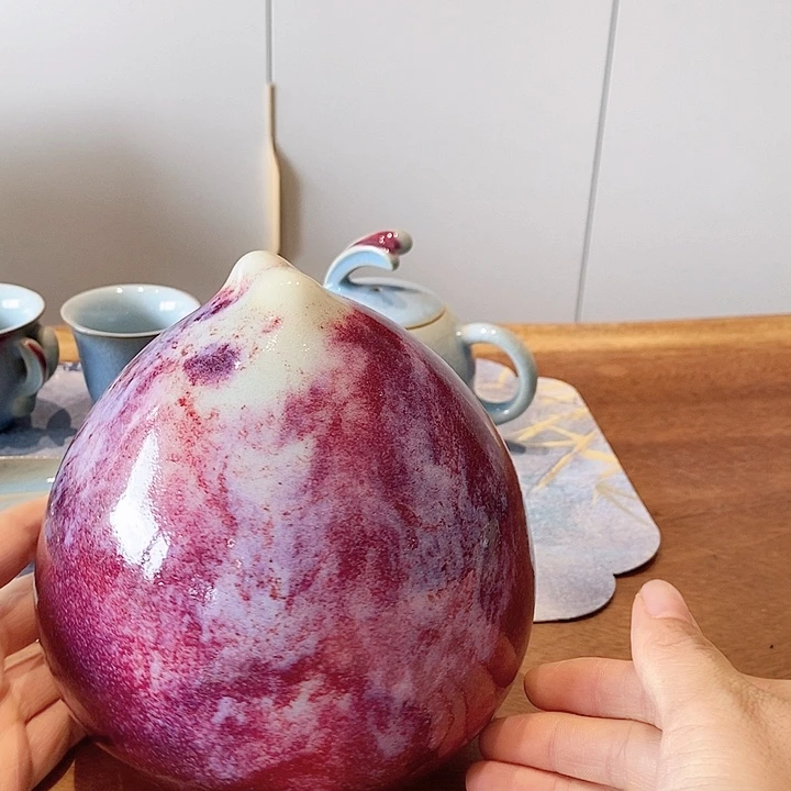 钧窑手工拉胚壶承1111钧窑玉石釉二厂寿桃1111111