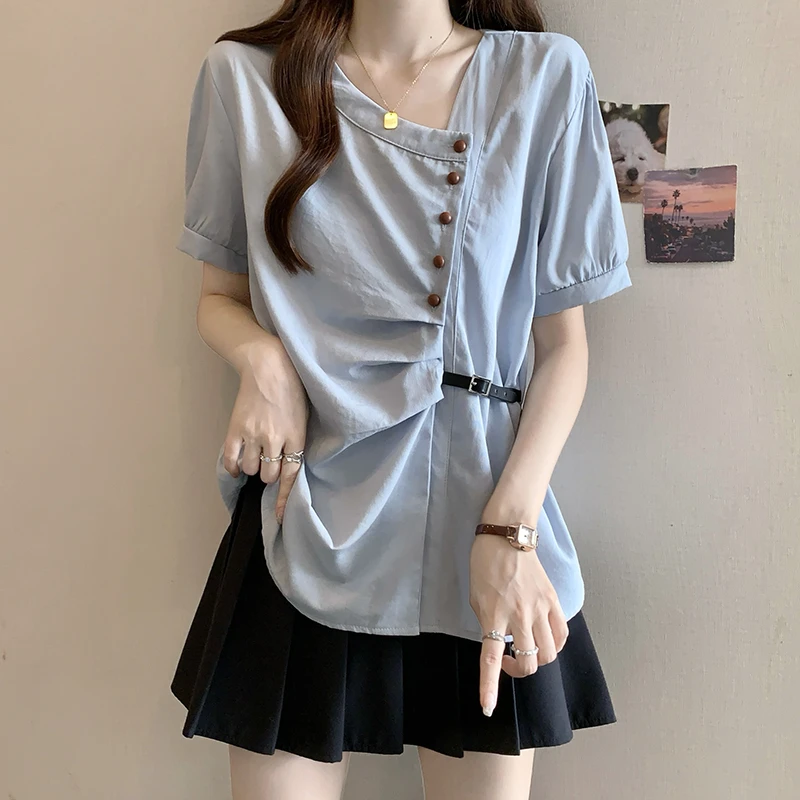大码设计感不规则斜领短袖衬衫女夏季新款微胖MM显瘦百搭洋气上衣