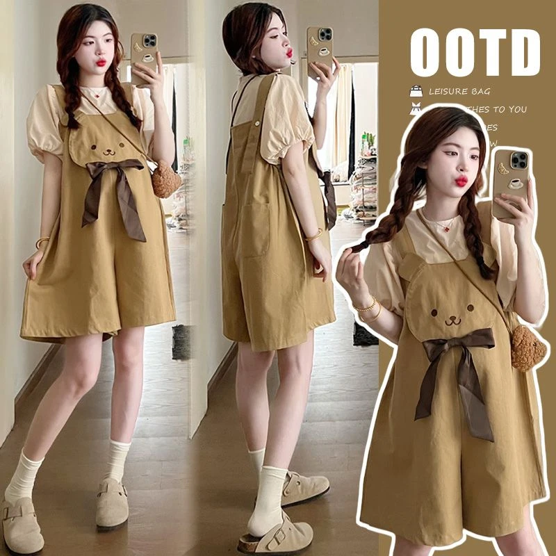 2025夏装套装韩版时尚休闲上衣+小熊卡通背带裤两件套625011