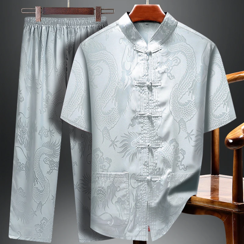 老人生日唐装男中老年夏季短袖薄款套装中式爸爸上衣爷爷过寿衣服