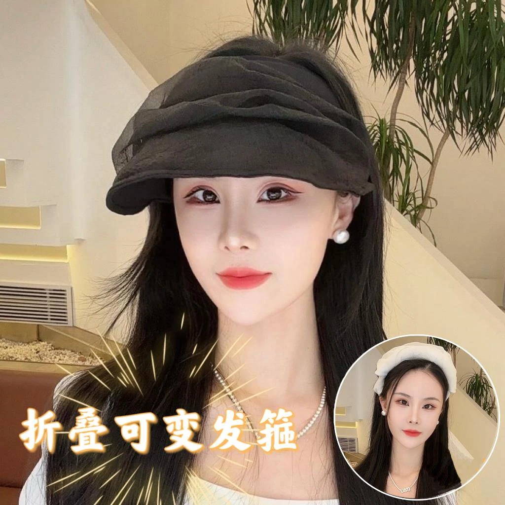 夏季新款欧根纱发箍空顶帽防紫外线遮阳帽出游度假气质防晒帽子女