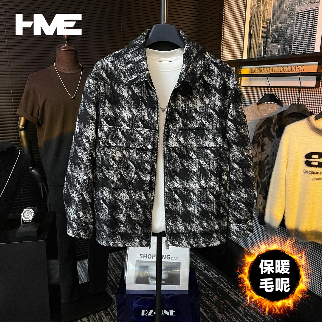 【HMEYAO】冬季高定原创设计撞色渐变千鸟格翻领夹克保暖潮男外套