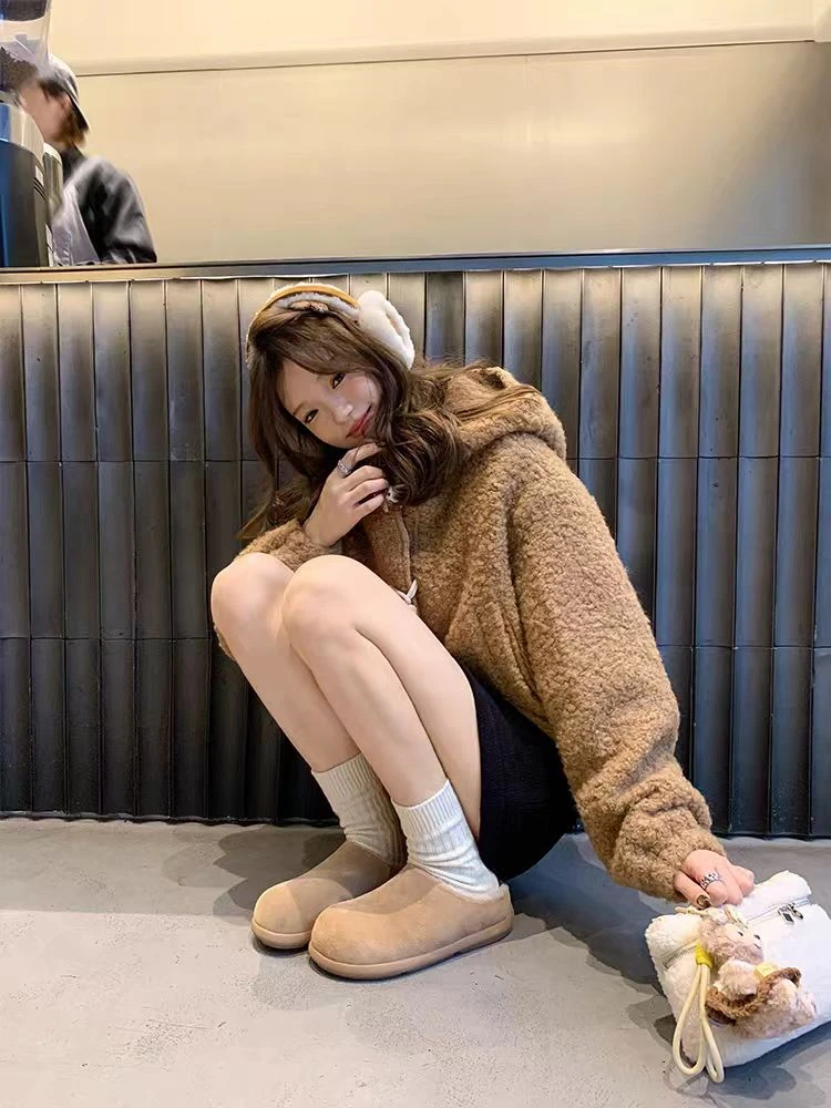 新款秋冬季女包头拖鞋复古秋冬懒人毛毛脚蹬厚底小土豆拖鞋 5077