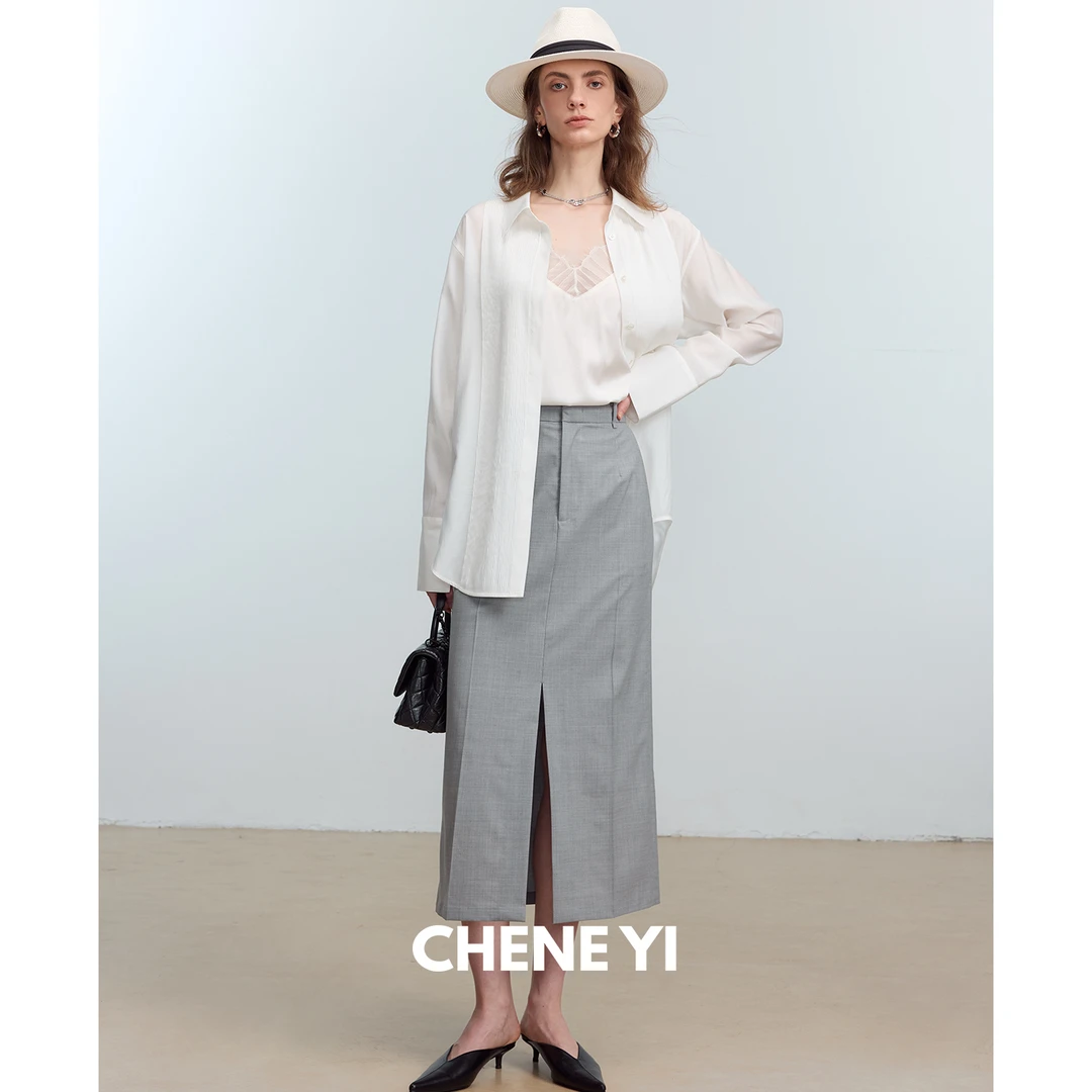 CHENE YI 纸片人Clean FIT风通勤前开衩设计感灰色羊毛半身裙女薄