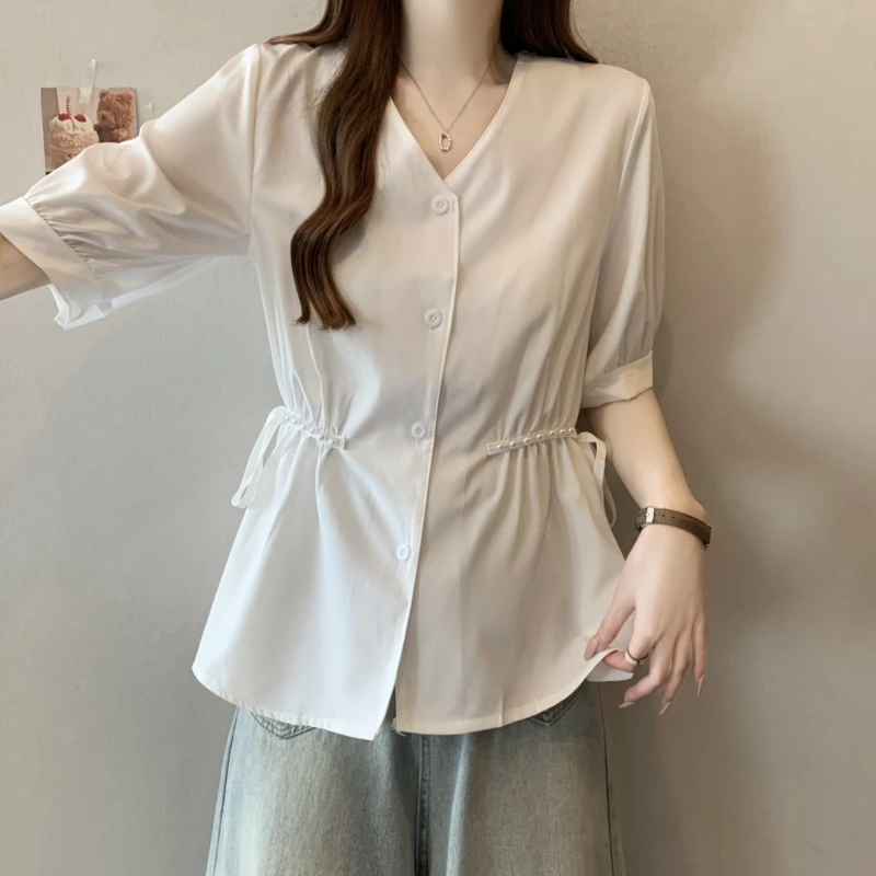 A2526大码短袖洋气衬衫钉珠系带上衣夏季衬衫防晒拼接不褪色小衫