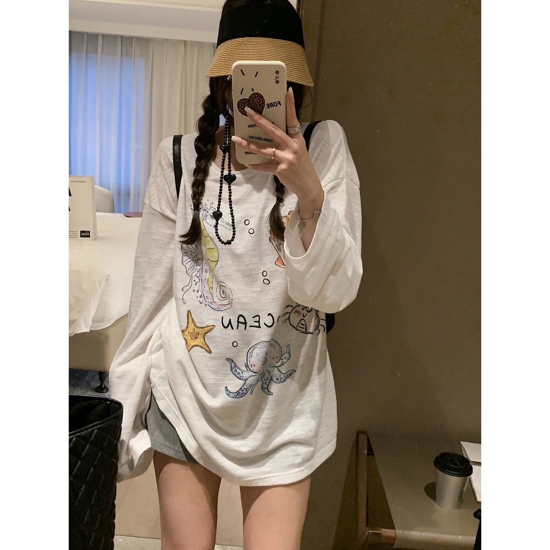 夏日刚需！时髦慵懒调海洋印花长袖T恤2025新品镂空拼接微透罩衫