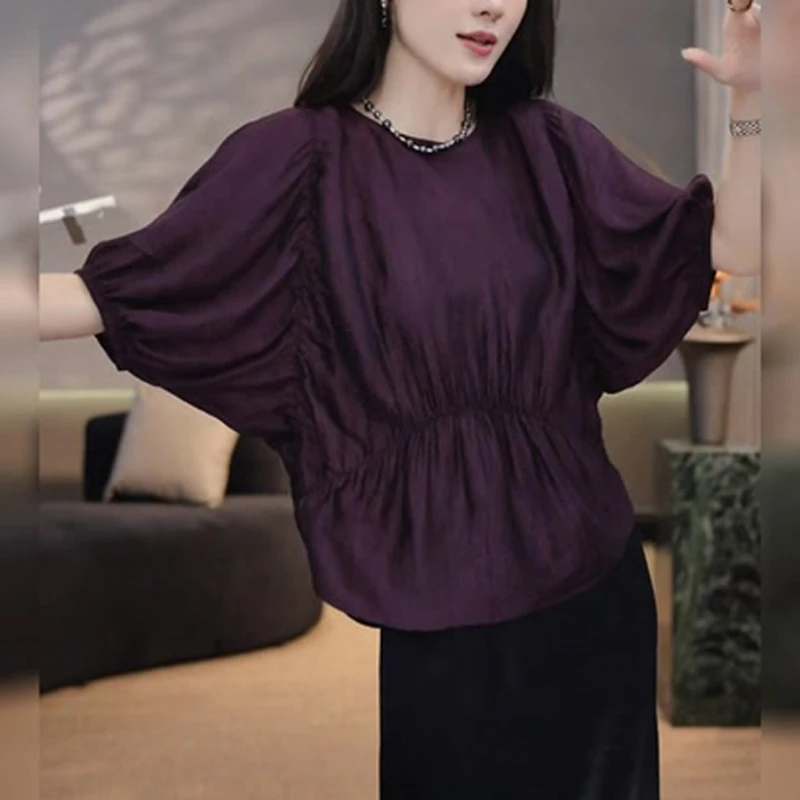 紫色法式宽松衬衫蝙蝠袖褶皱T恤2025夏季新款胖MM精致上衣女