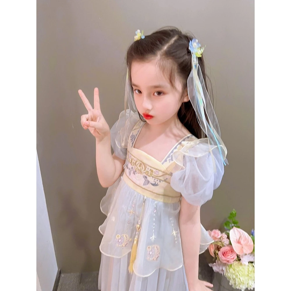 女童汉服2025夏装新款公主裙改良刺绣泡泡袖网纱裙儿童古风连衣裙