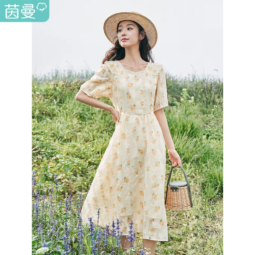 茵曼夏季女连衣裙裙子碎花气质新款短袖休闲泡泡袖收腰中长时尚