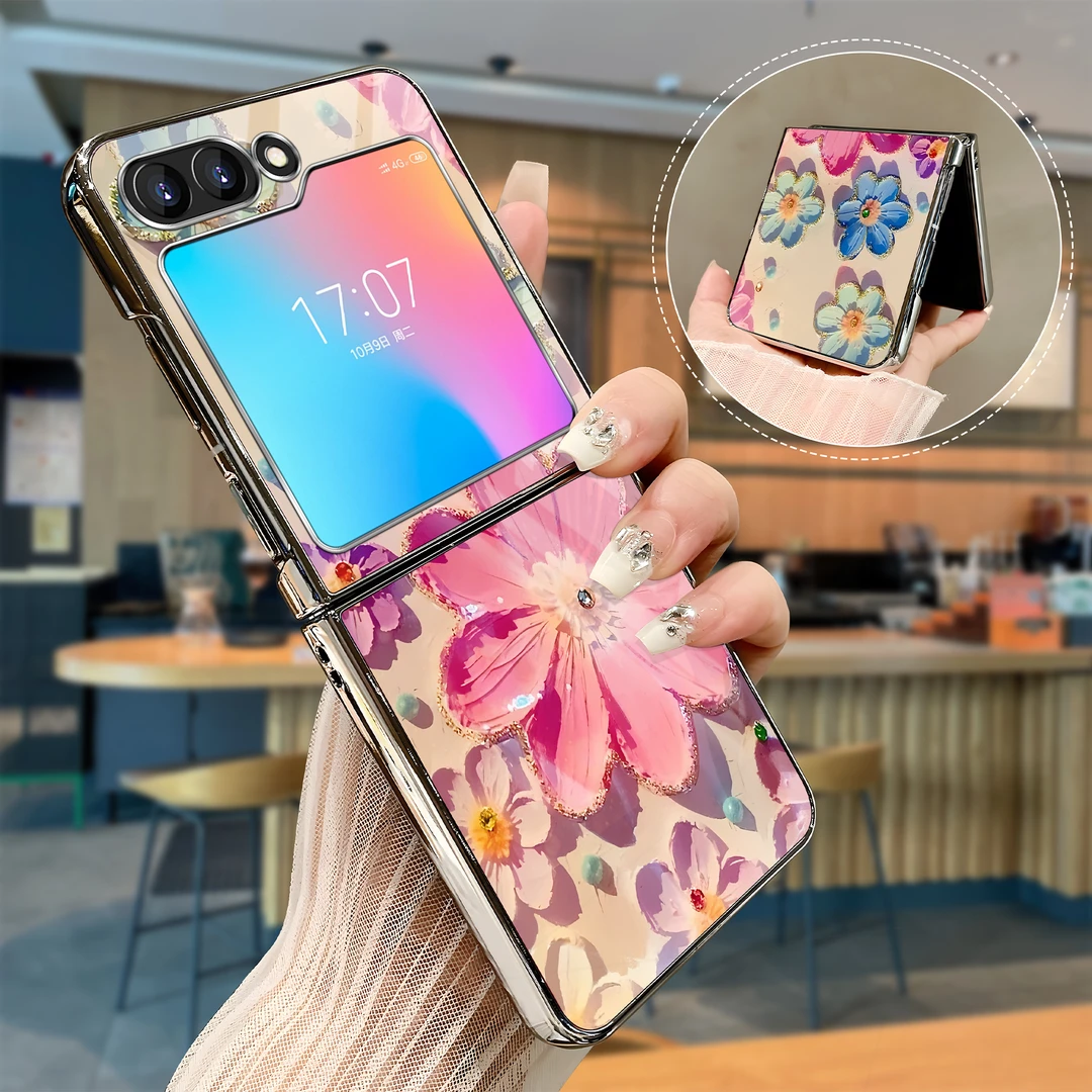 适用于【华为/OPPO/三星】时尚高级感潮流油画风花朵折叠手机壳