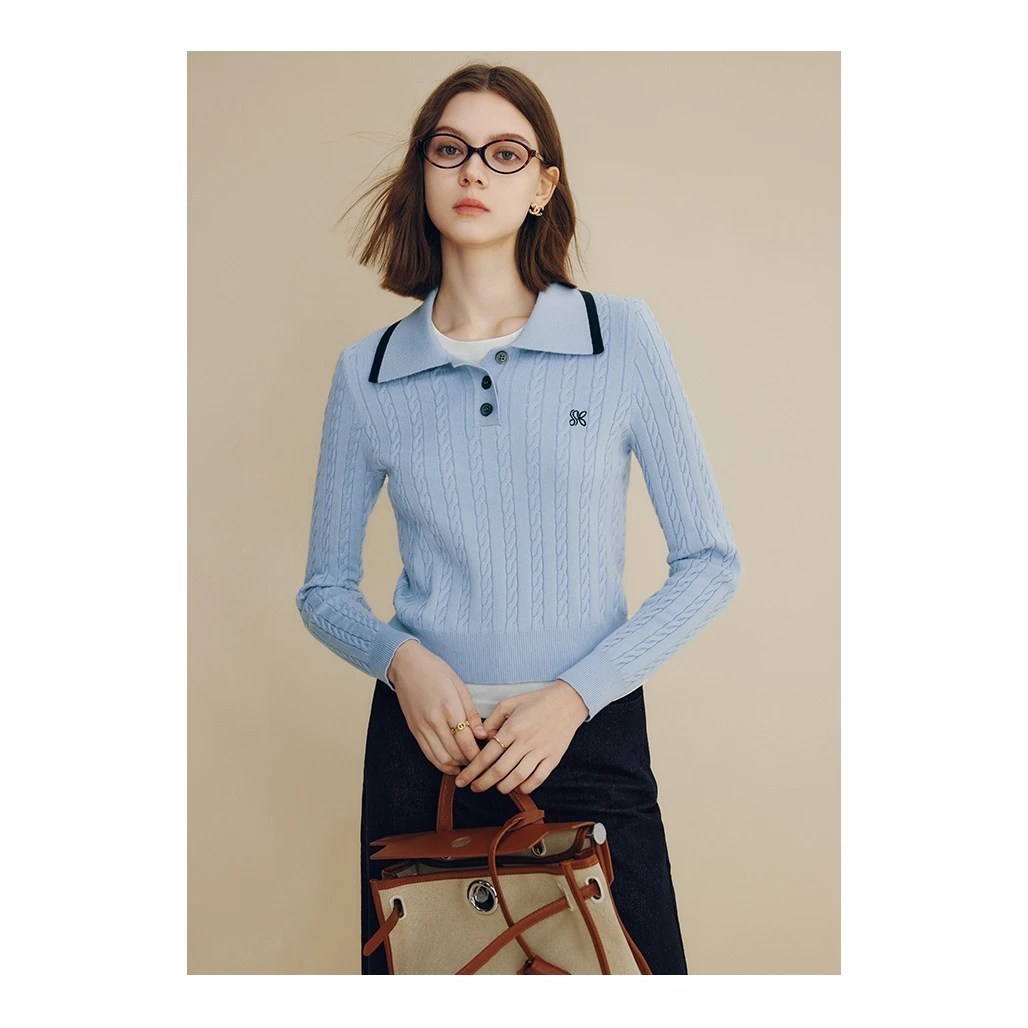 【诗语专属】法曼萱绞花POLO领针织衫女2025春复古上衣