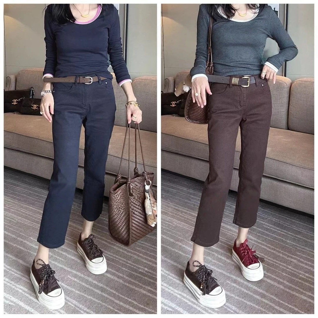 秋季九分直筒牛仔裤烟管裤女2025微胖mm大码弹力显瘦简约百搭裤子