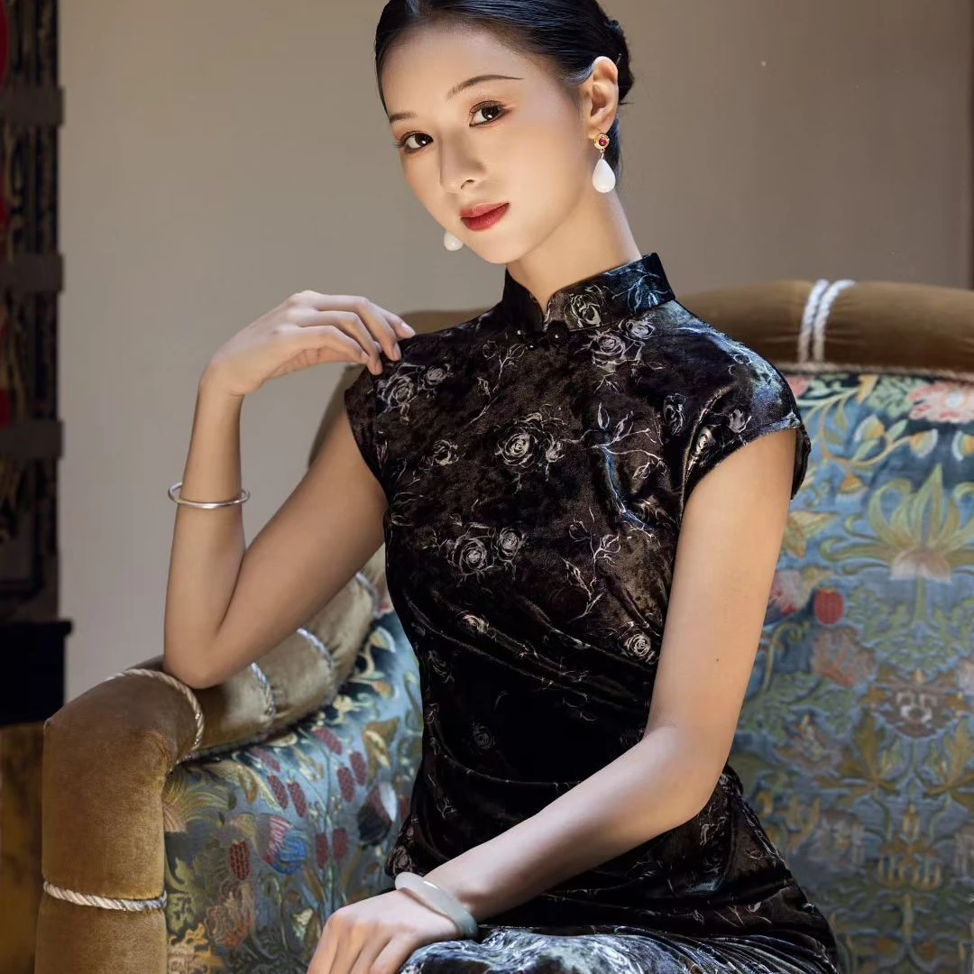 三小姐（花蓉黛）长123+秋季新款港工深绿色丝绒绝美改良无袖旗袍