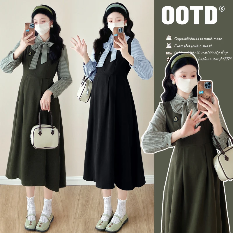 2025早春孕妇装新款宽松显瘦条纹拼接蝴蝶结系带气质潮妈连衣裙