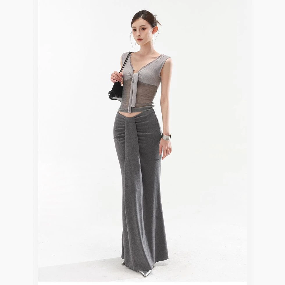 【初遇时尚】胖mm纯欲风V领无袖针织上衣女夏辣妹包臀半身长裙套装