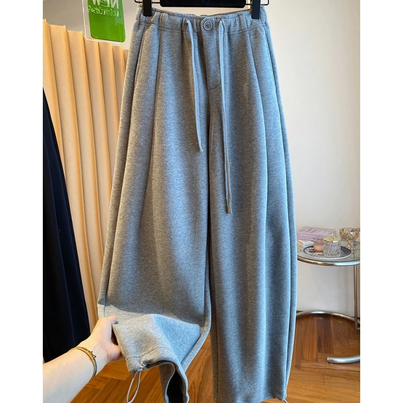 高级感抽绳灰色加绒束脚卫裤女冬季2025新款宽松休闲直筒裤长裤子