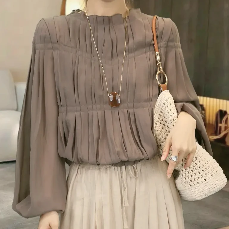 名媛风手工压褶衬衫通勤飘带衬衣
