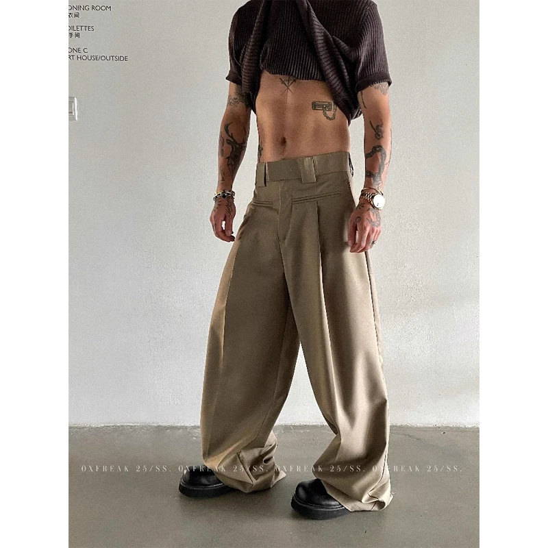 OXFREAK「腰带设计 活页收褶」A字高腰休闲裤男垂感宽松纯色西裤